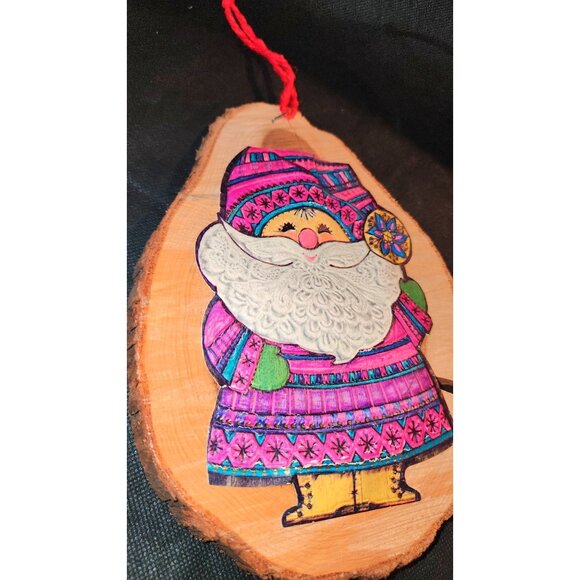 Decorative Santa Claus Wood Slice Ornament With Hand-Painted Design  Red Yarn Ha - Picture 3 of 10